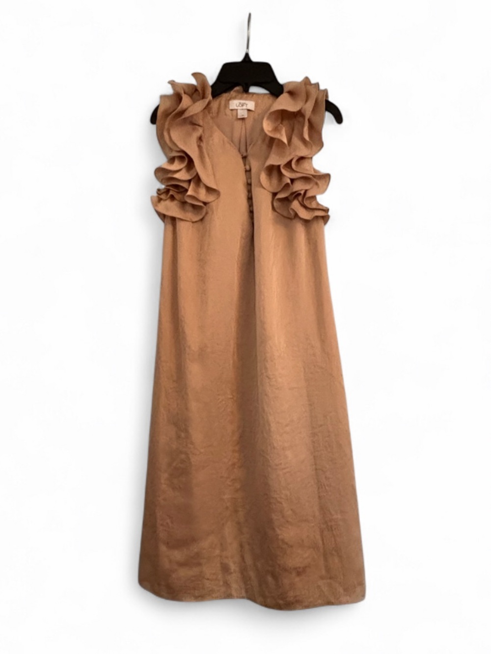 Ann Taylor LOFT sz 10 champagne beige dress ruffles neutral glam wedding guest